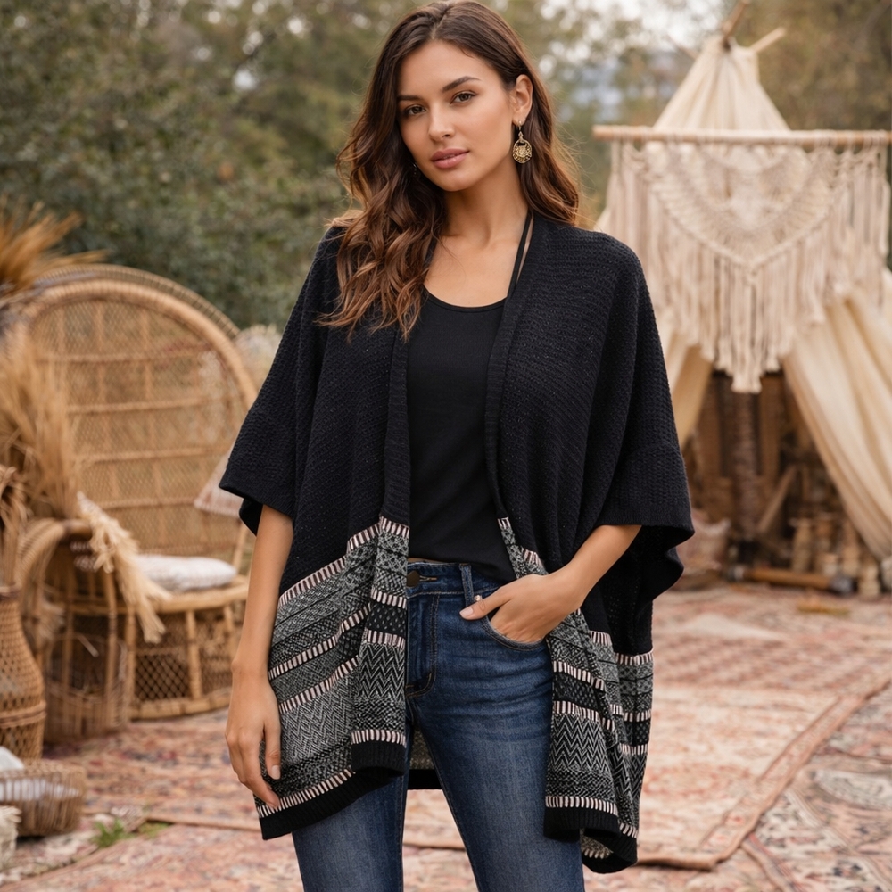 Banana Republic Cotton Blend Black & Gray Open Front Cardigan | Textured Knit
